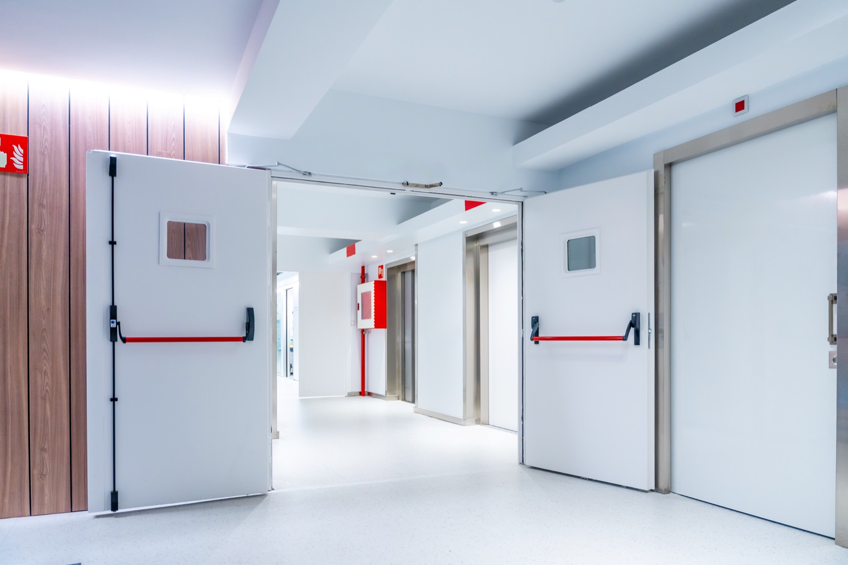 Healthcare emergency doors in a building